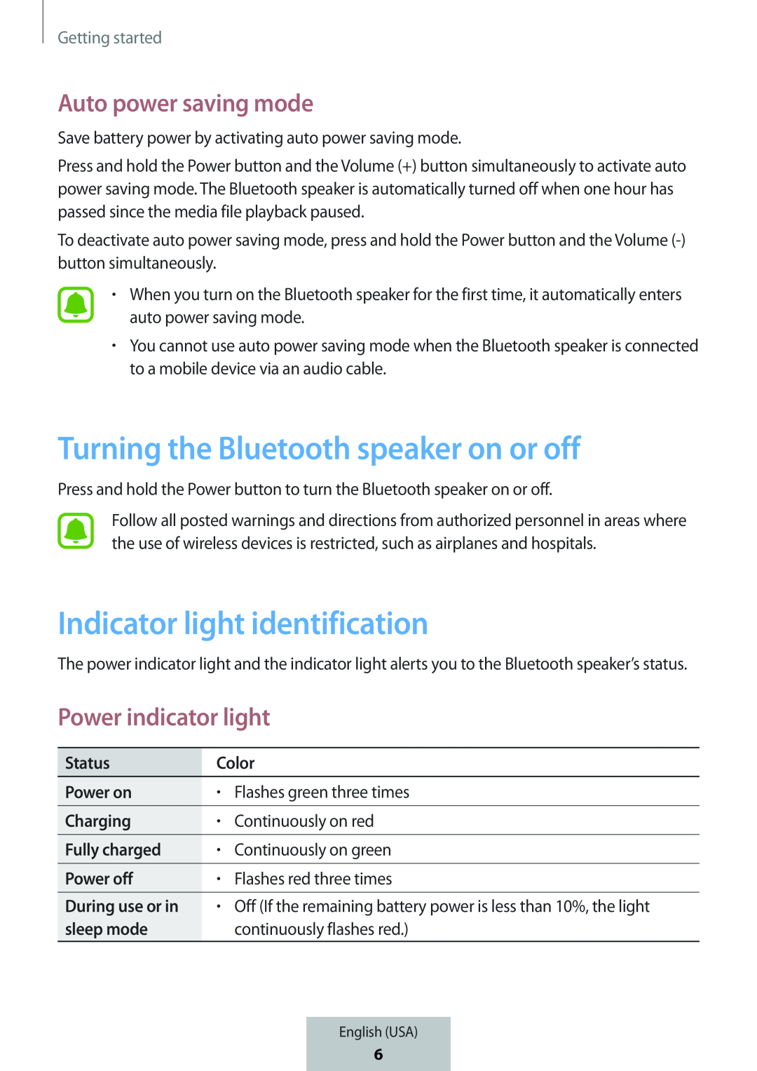 Turning the Bluetooth speaker on or off Indicator light identification