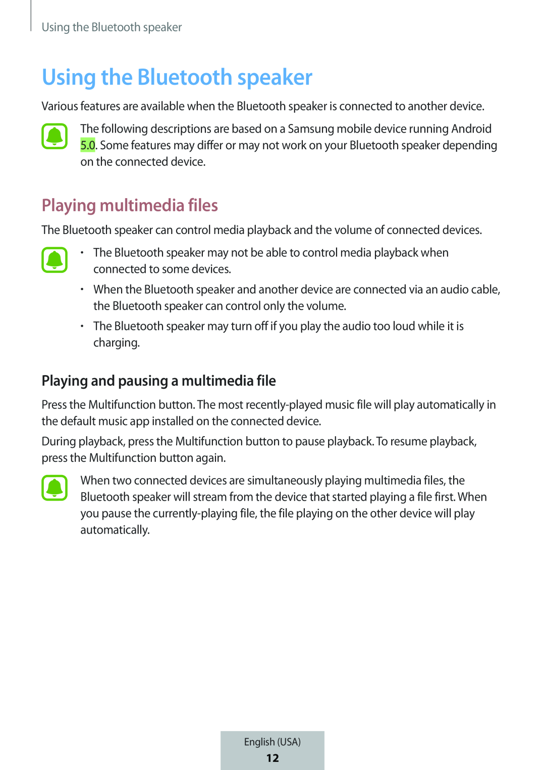 Using the Bluetooth speaker Playing and pausing a multimedia file