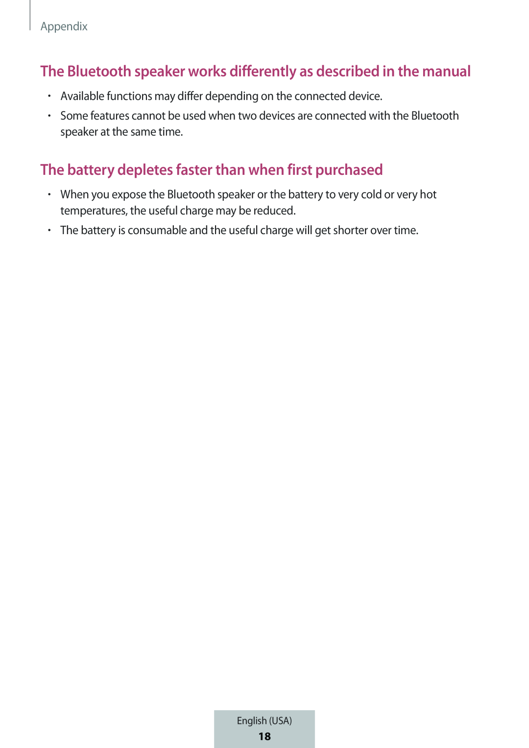 The Bluetooth speaker works differently as described in the manual The battery depletes faster than when first purchased