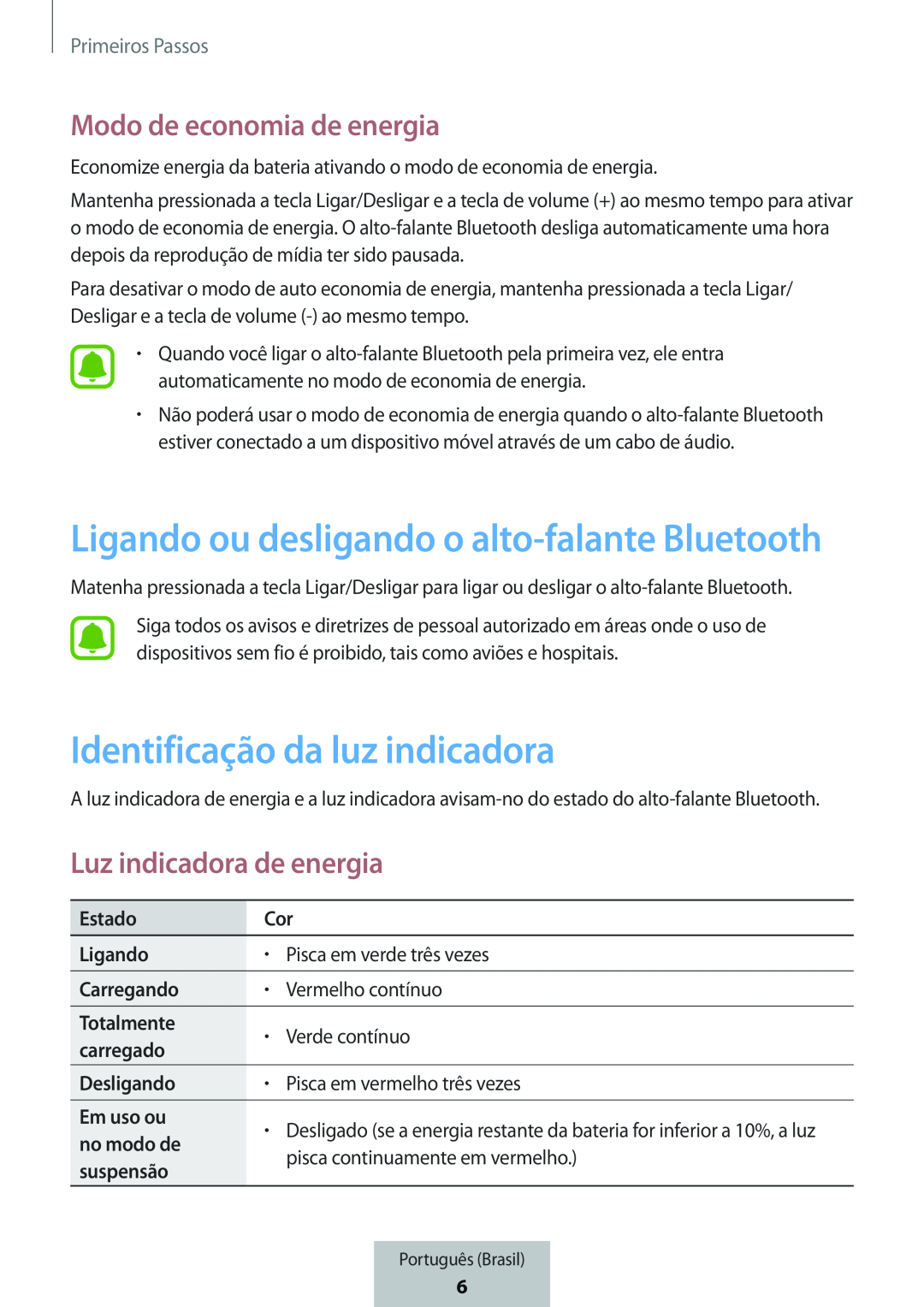 Modo de economia de energia Ligando ou desligando o alto-falanteBluetooth