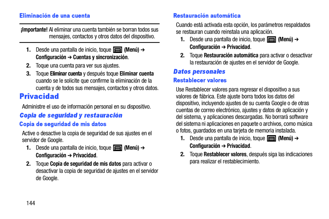 Restablecer valores Eliminación de una cuenta