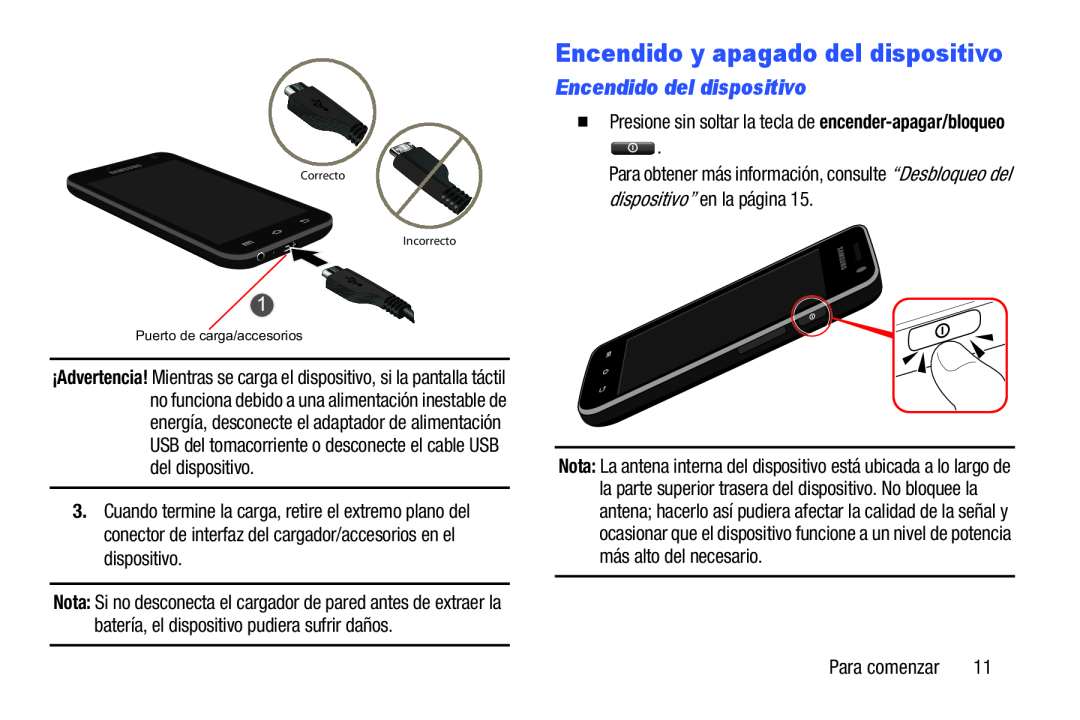 “Desbloqueo del dispositivo” Encendido del dispositivo