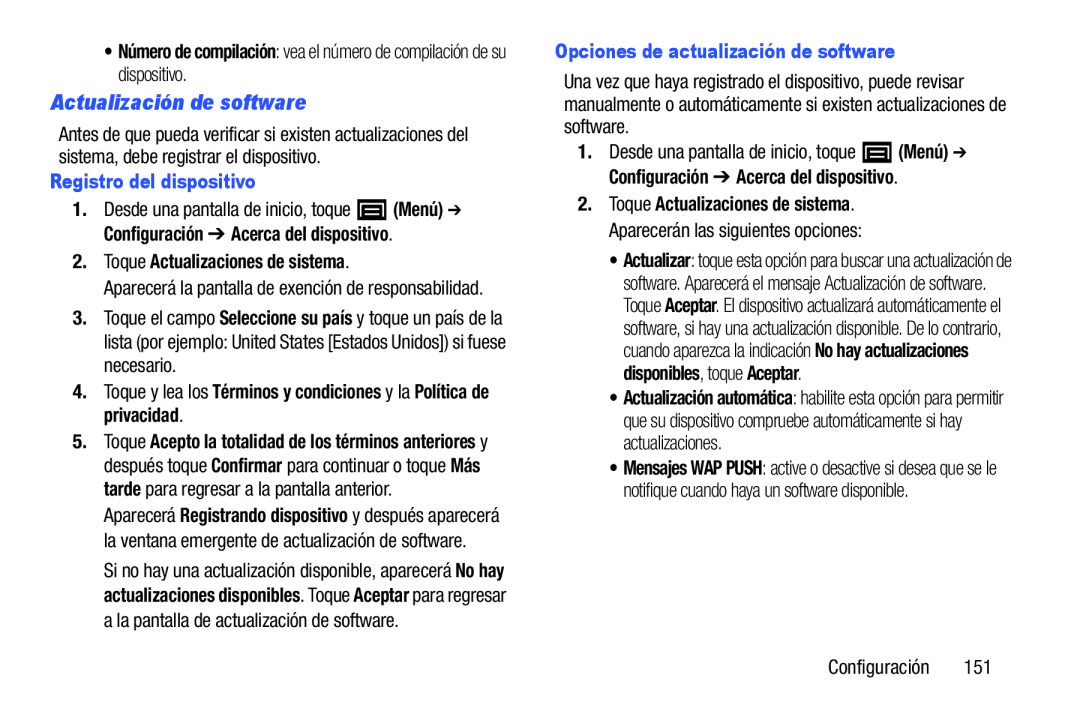 Registro del dispositivo Opciones de actualización de software