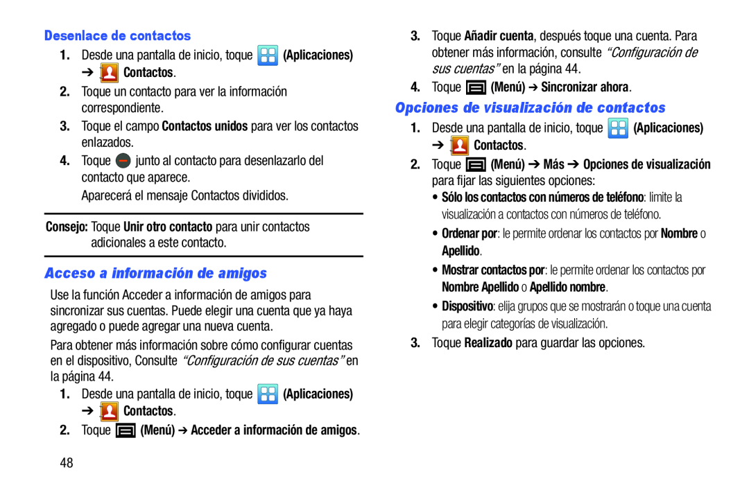 Opciones de visualización de contactos Galaxy Player 3.6