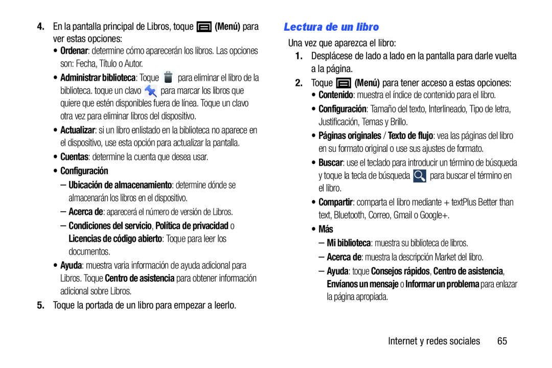 5.Toque la portada de un libro para empezar a leerlo 2.Toque (Menú) para tener acceso a estas opciones: