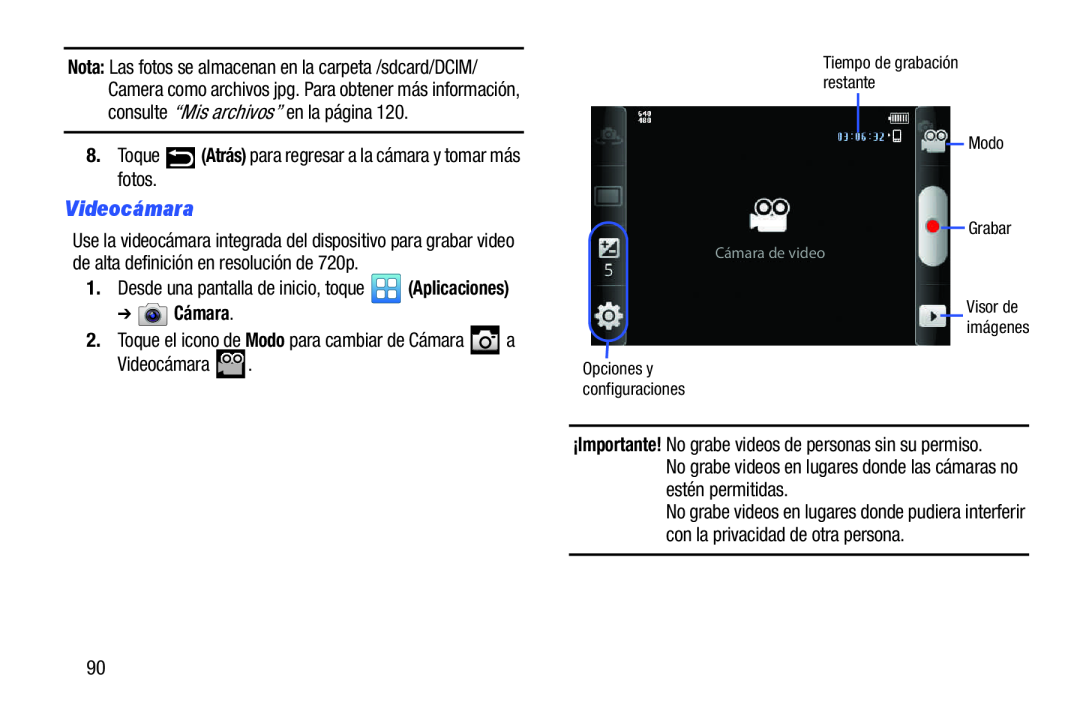 No grabe videos en lugares donde las cámaras no estén permitidas Galaxy Player 3.6