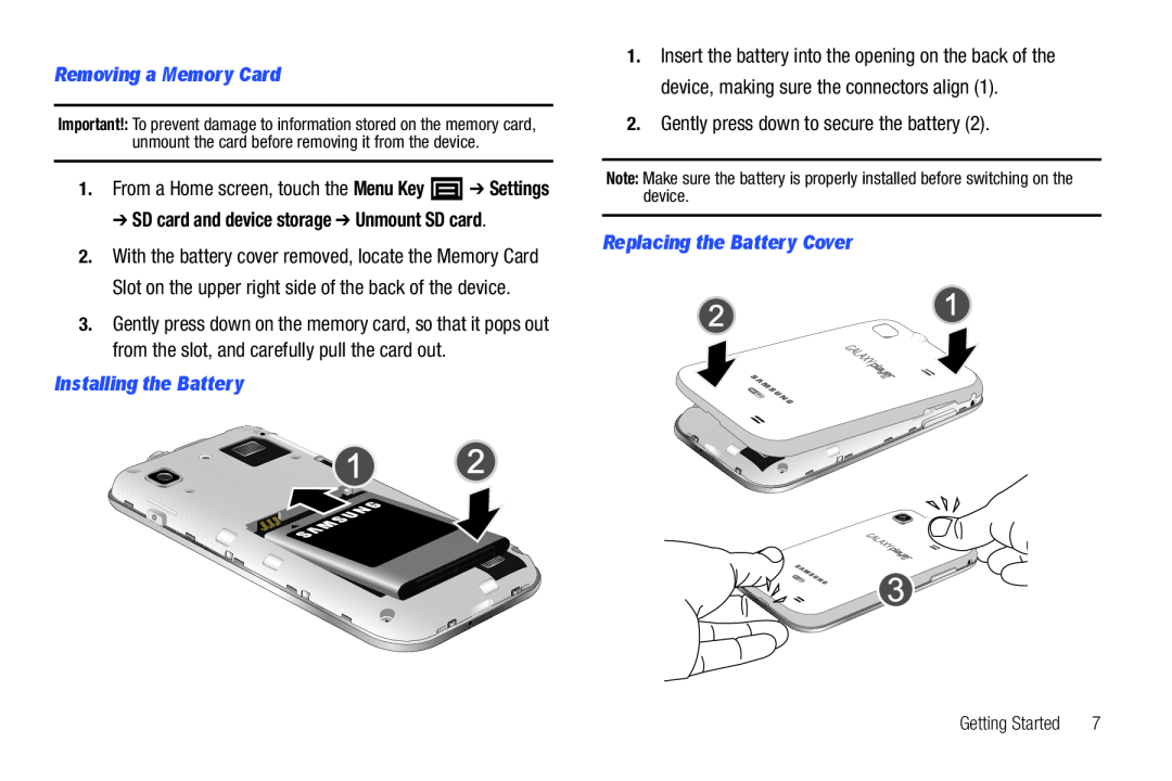 2.Gently press down to secure the battery (2) Removing a Memory Card