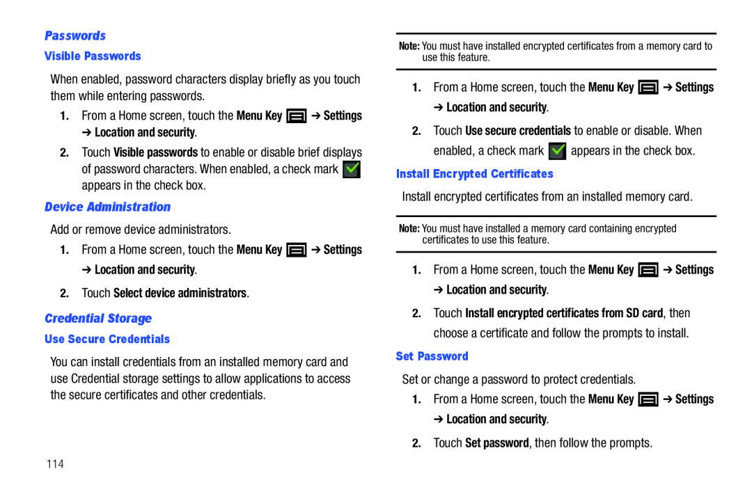 of password characters. When enabled, a check mark appears in the check box Add or remove device administrators