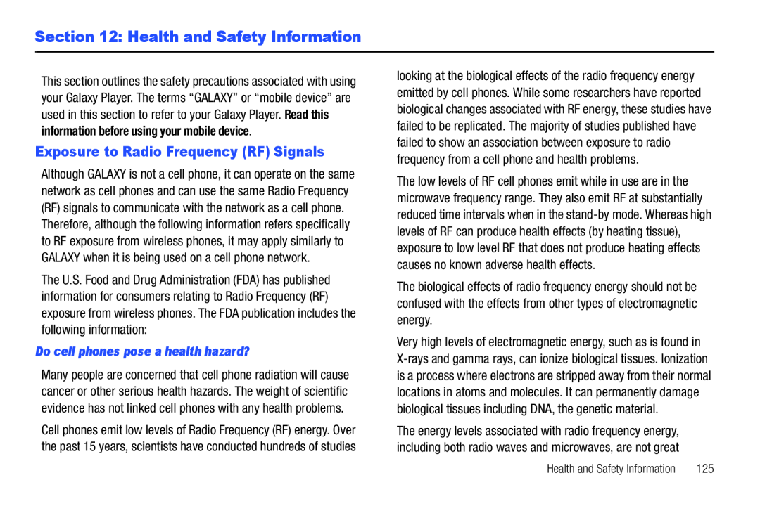 Section 12: Health and Safety Information Galaxy Player 4.0