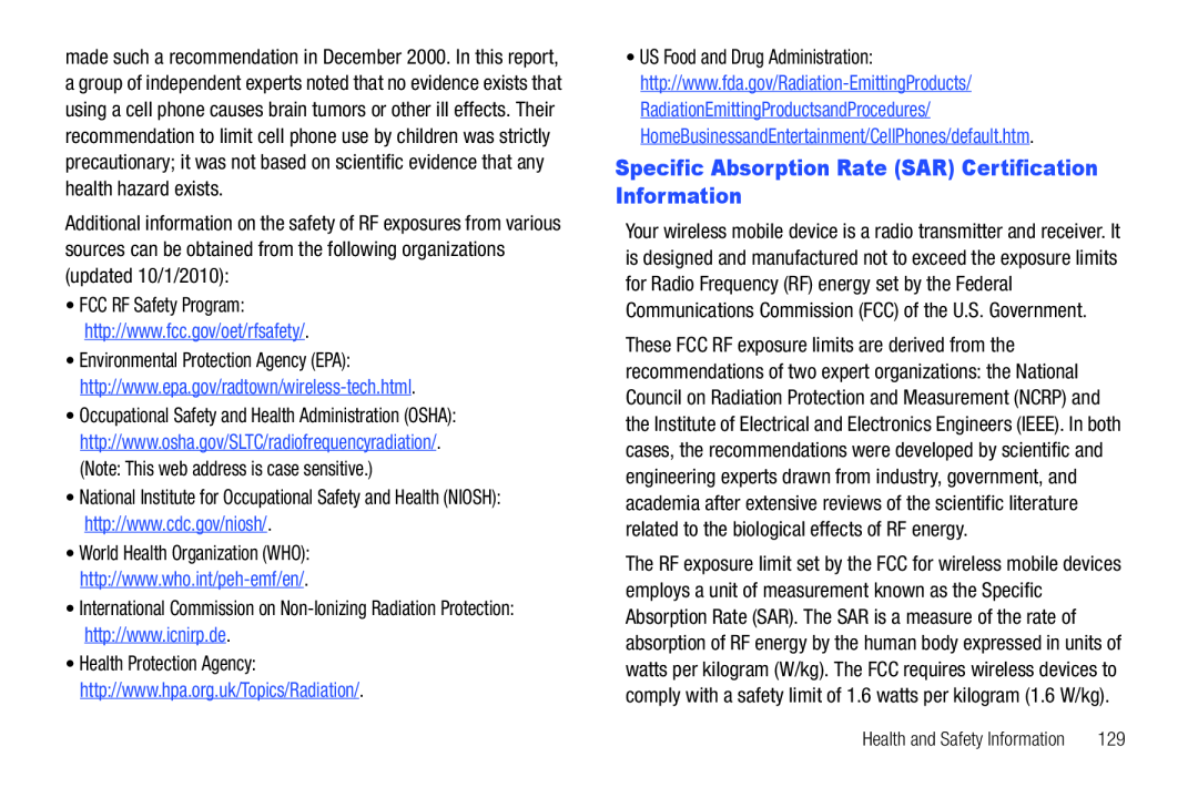 Specific Absorption Rate (SAR) Certification Information