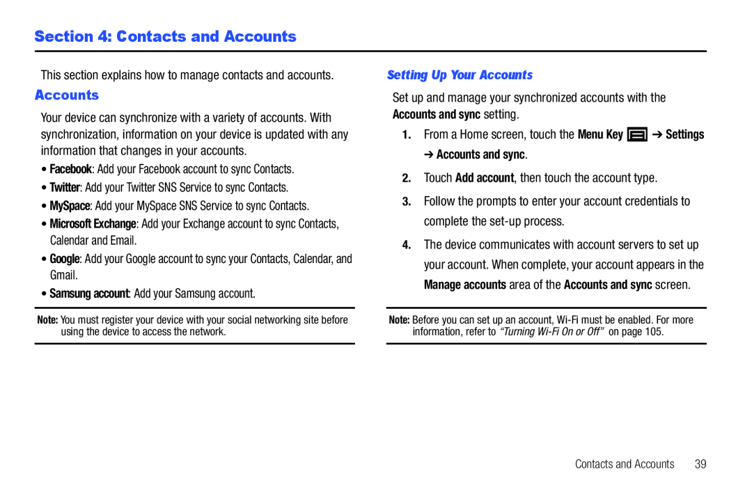 Section 4: Contacts and Accounts Galaxy Player 4.0