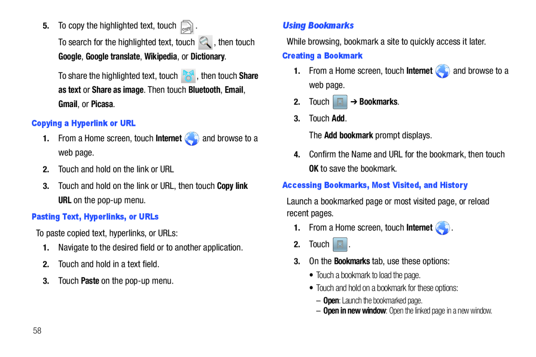 Accessing Bookmarks, Most Visited, and History Galaxy Player 4.0