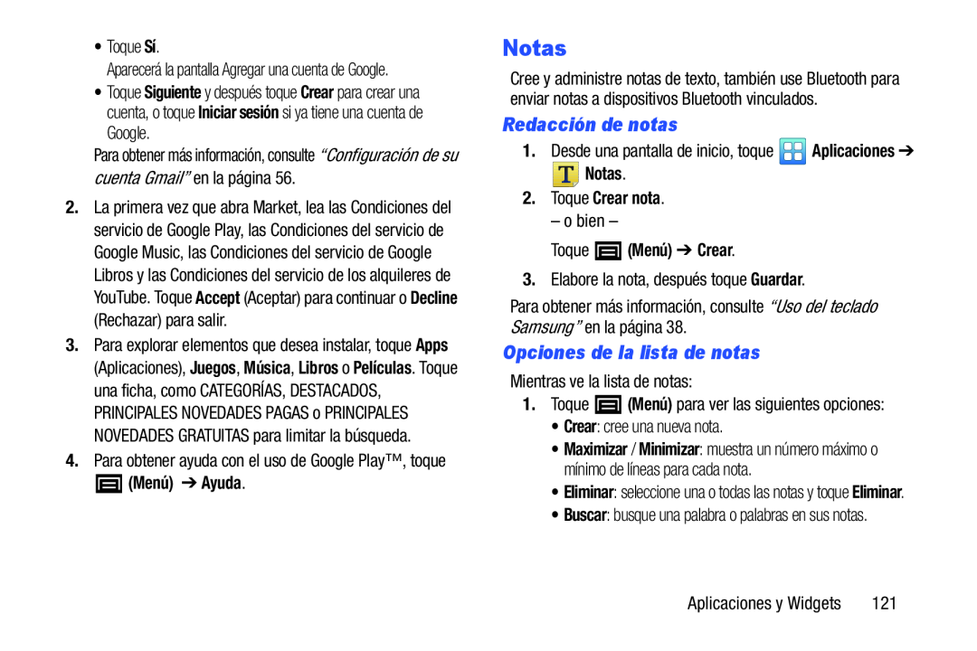 Redacción de notas Opciones de la lista de notas