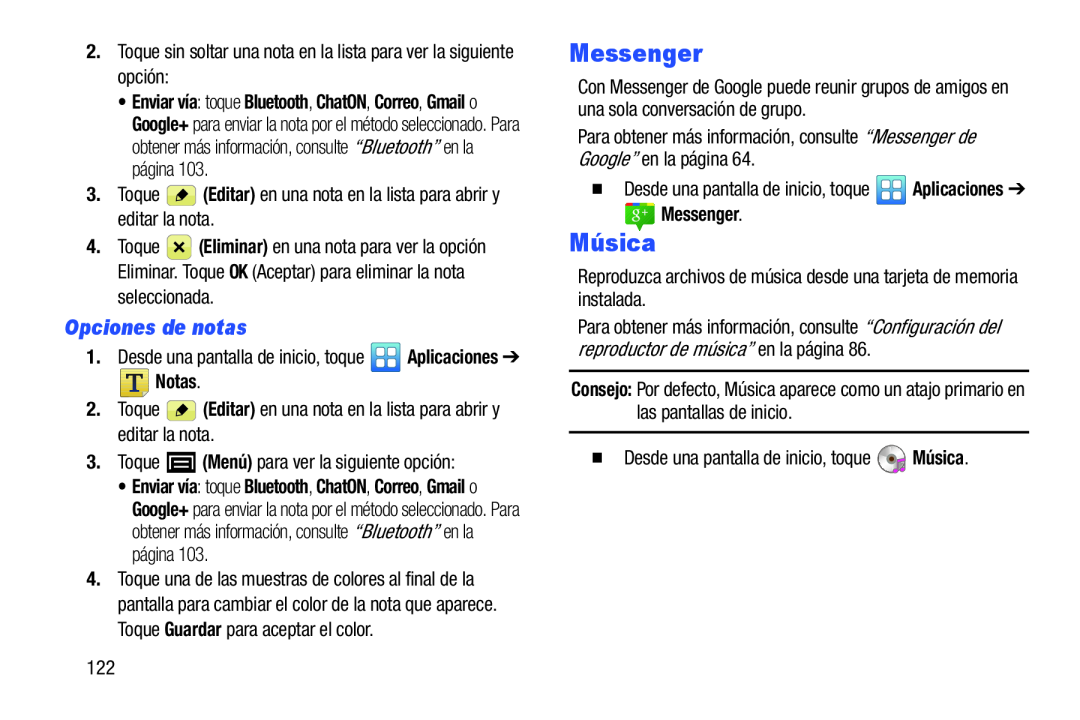 Opciones de notas Messenger