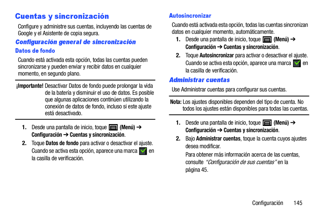 Configuración general de sincronización Administrar cuentas