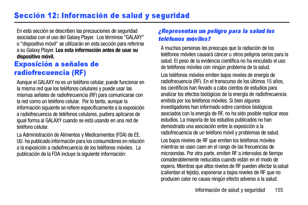 Sección 12: Información de salud y seguridad Galaxy Player 4.0