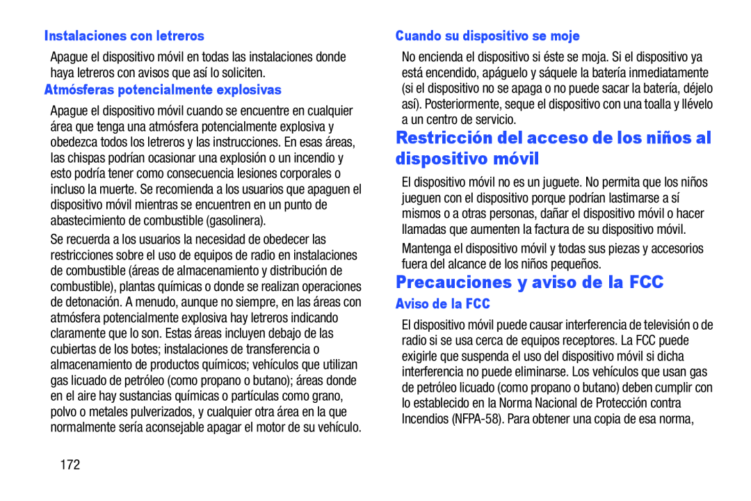 Restricción del acceso de los niños al dispositivo móvil Precauciones y aviso de la FCC