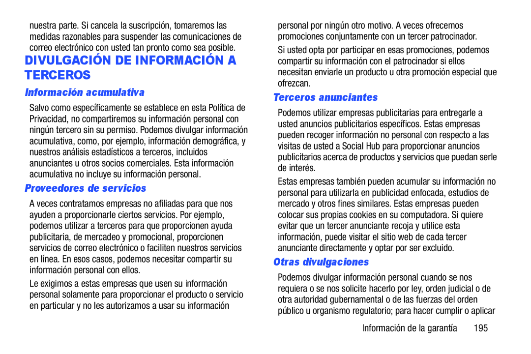 Información acumulativa Proveedores de servicios