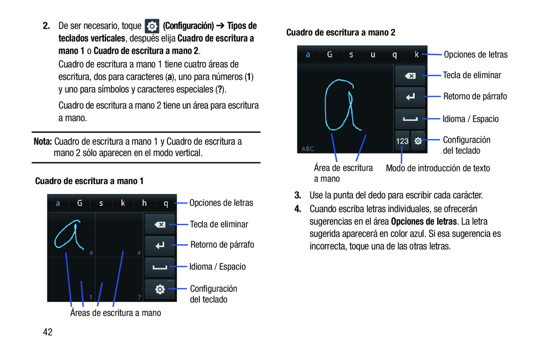 Área de escritura Modo de introducción de texto Galaxy Player 4.0