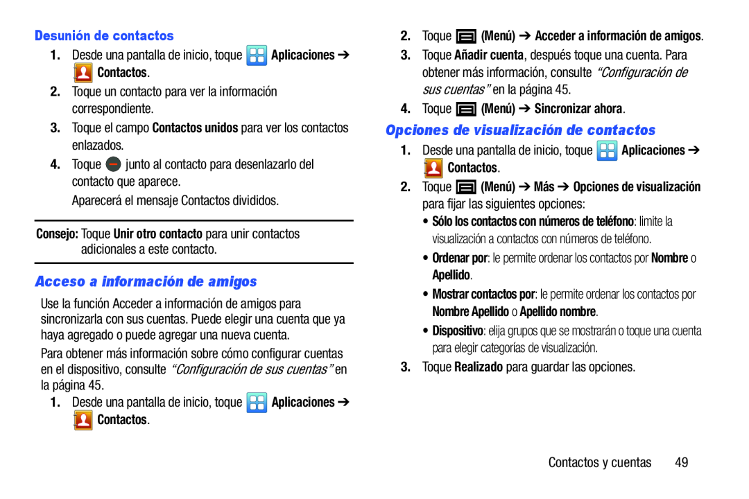 Opciones de visualización de contactos Galaxy Player 4.0