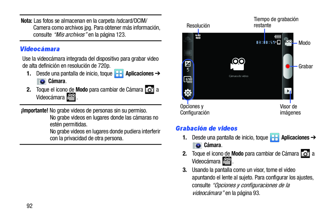 Videocámara Grabación de videos