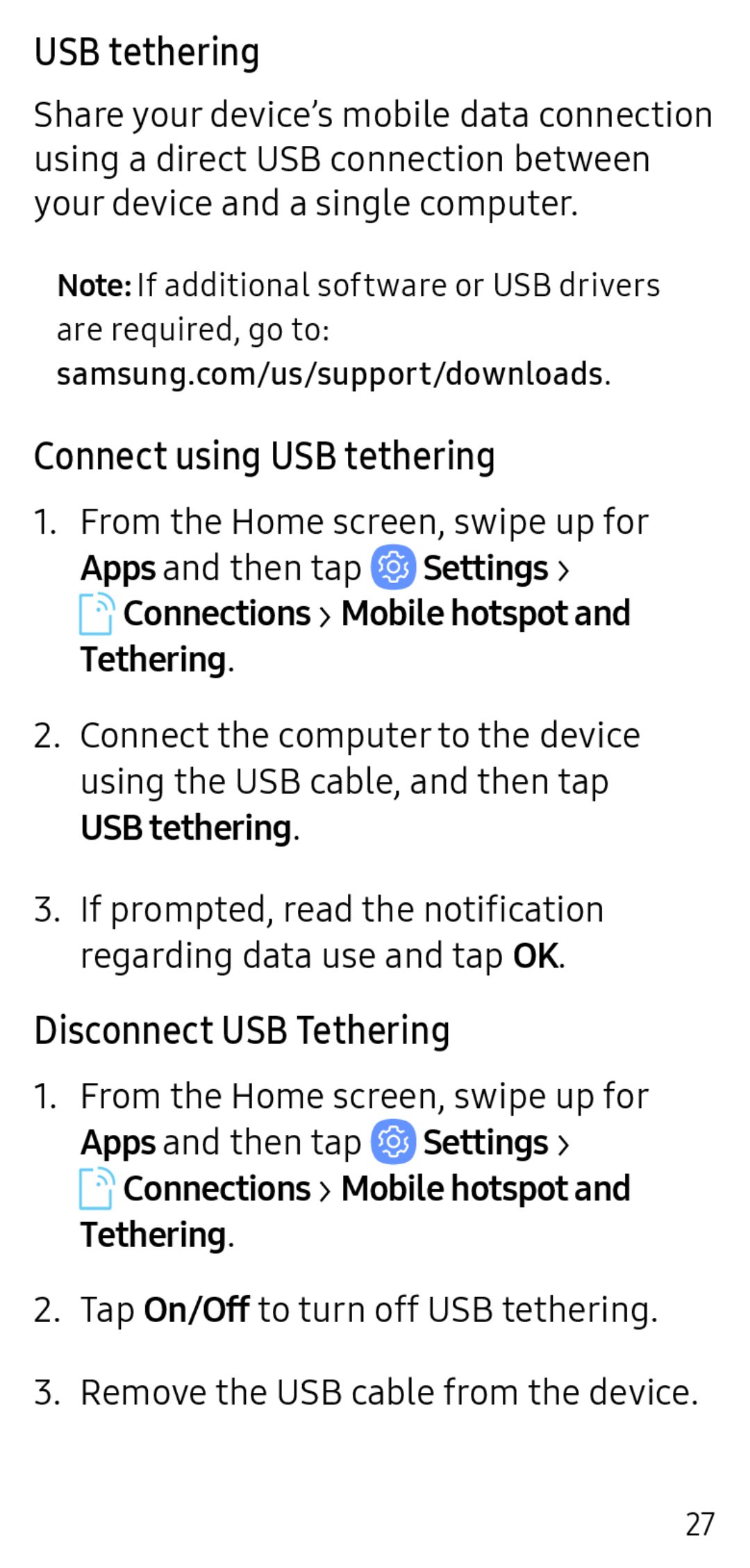 USB tethering Connect using USB tethering