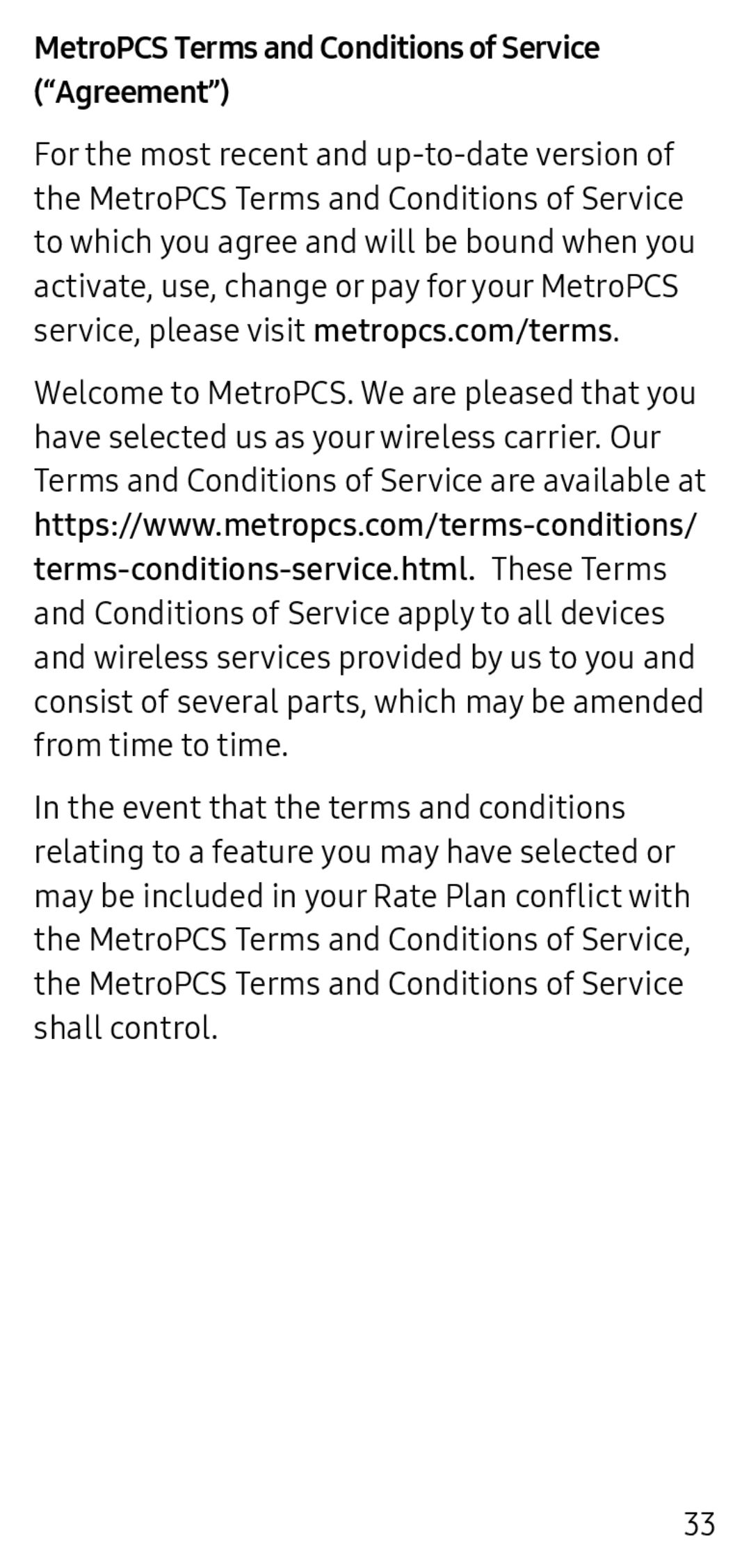 MetroPCS Terms and Conditions of Service (“Agreement”) Galaxy S9 MetroPCS