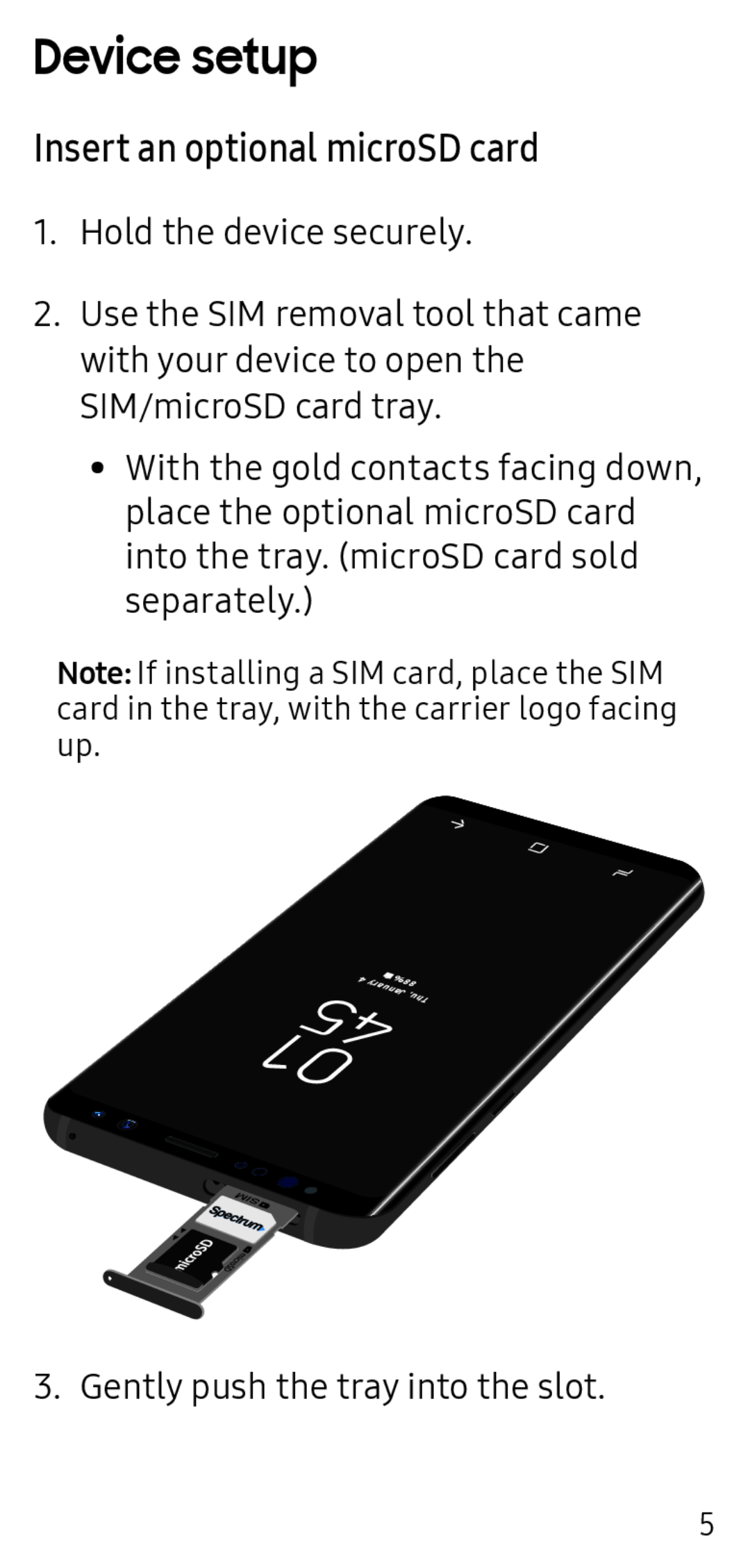 Insert an optional microSD card Galaxy S9+ Spectrum Mobile