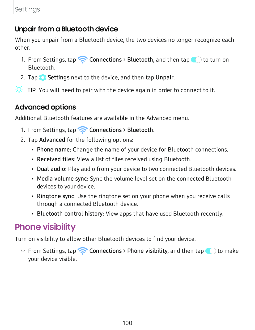 Unpair from a Bluetooth device Advanced options