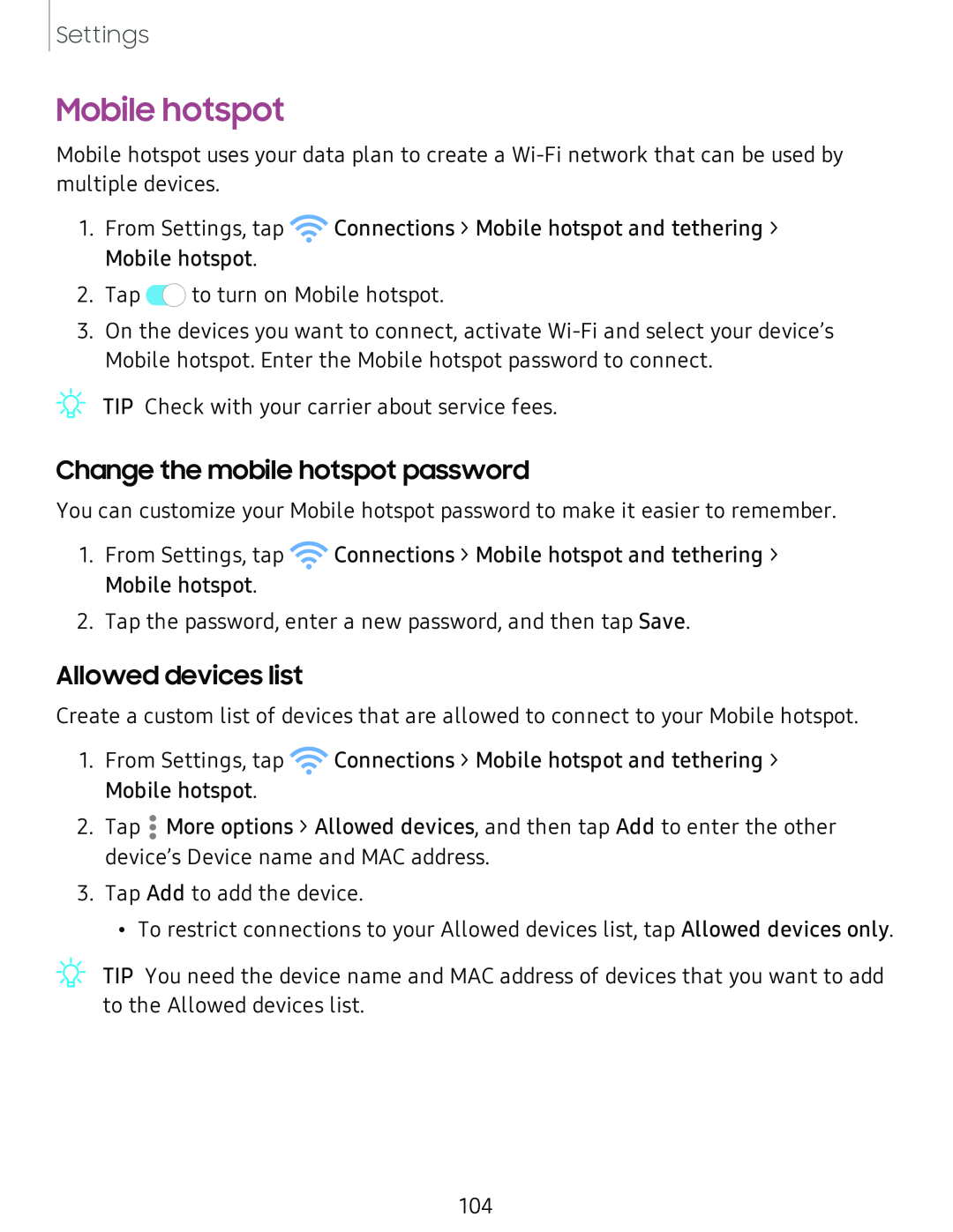 Change the mobile hotspot password Allowed devices list