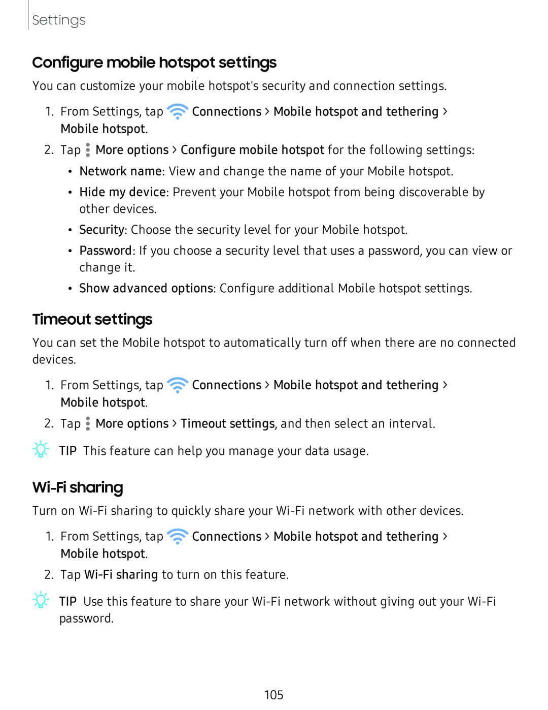 Configure mobile hotspot settings Timeout settings