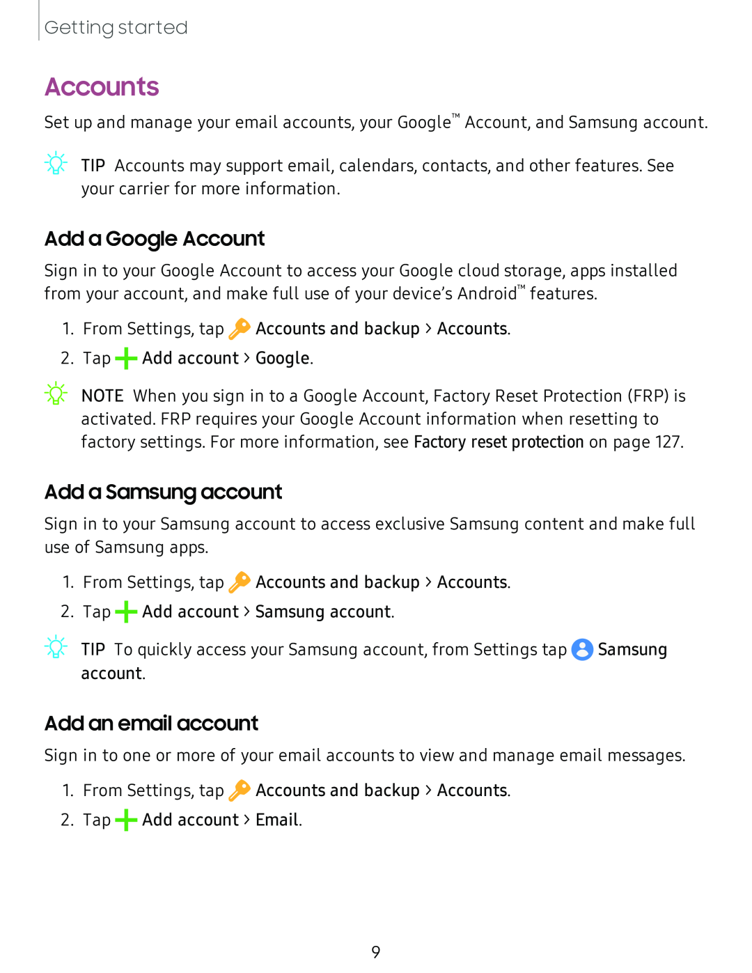 Add a Google Account Add a Samsung account