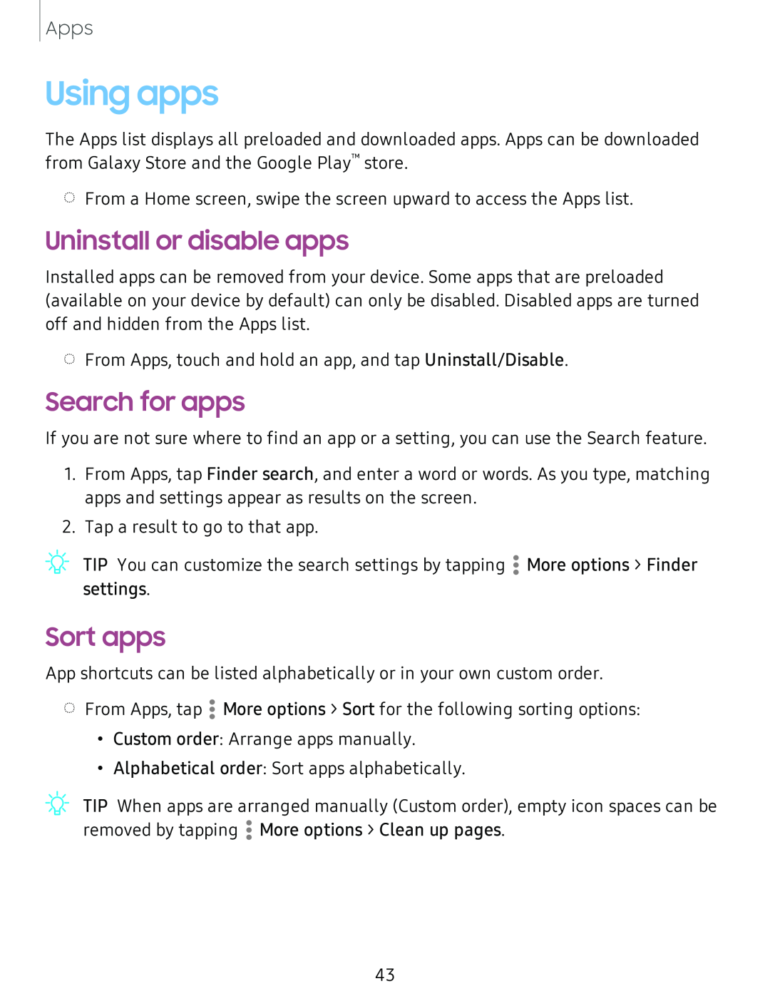 Uninstall or disable apps Search for apps