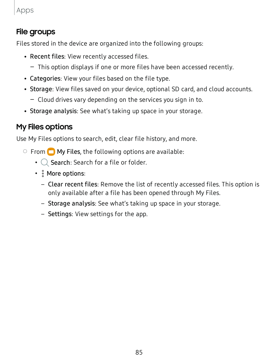 File groups My Files options