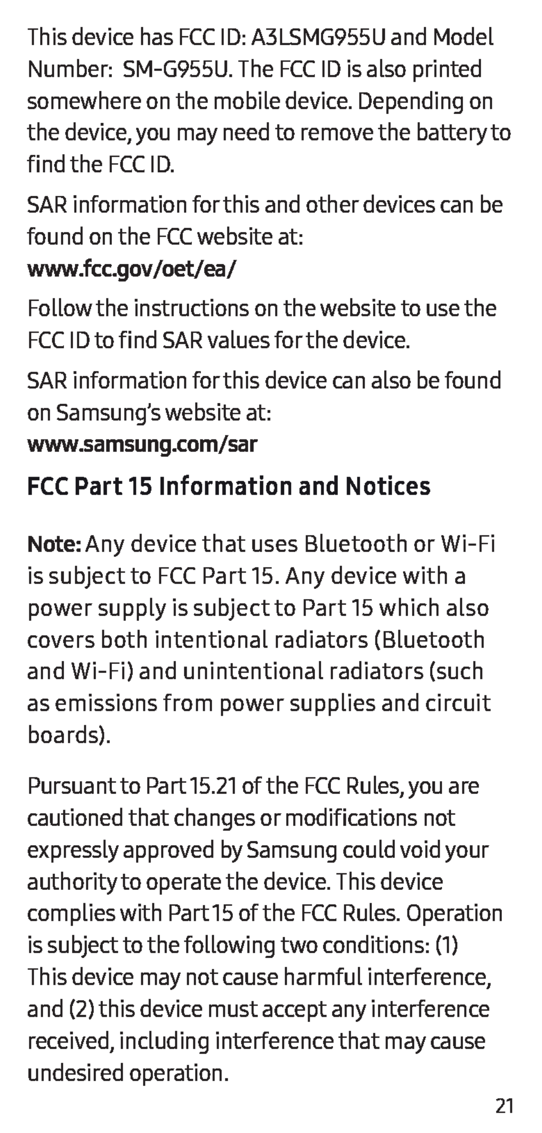 FCC Part 15 Information and Notices Galaxy S8+ Sprint