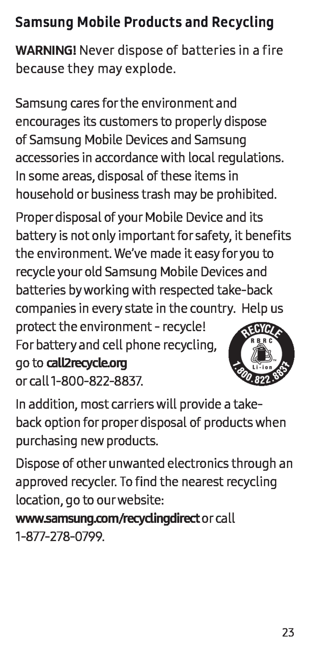 Samsung Mobile Products and Recycling WARNING