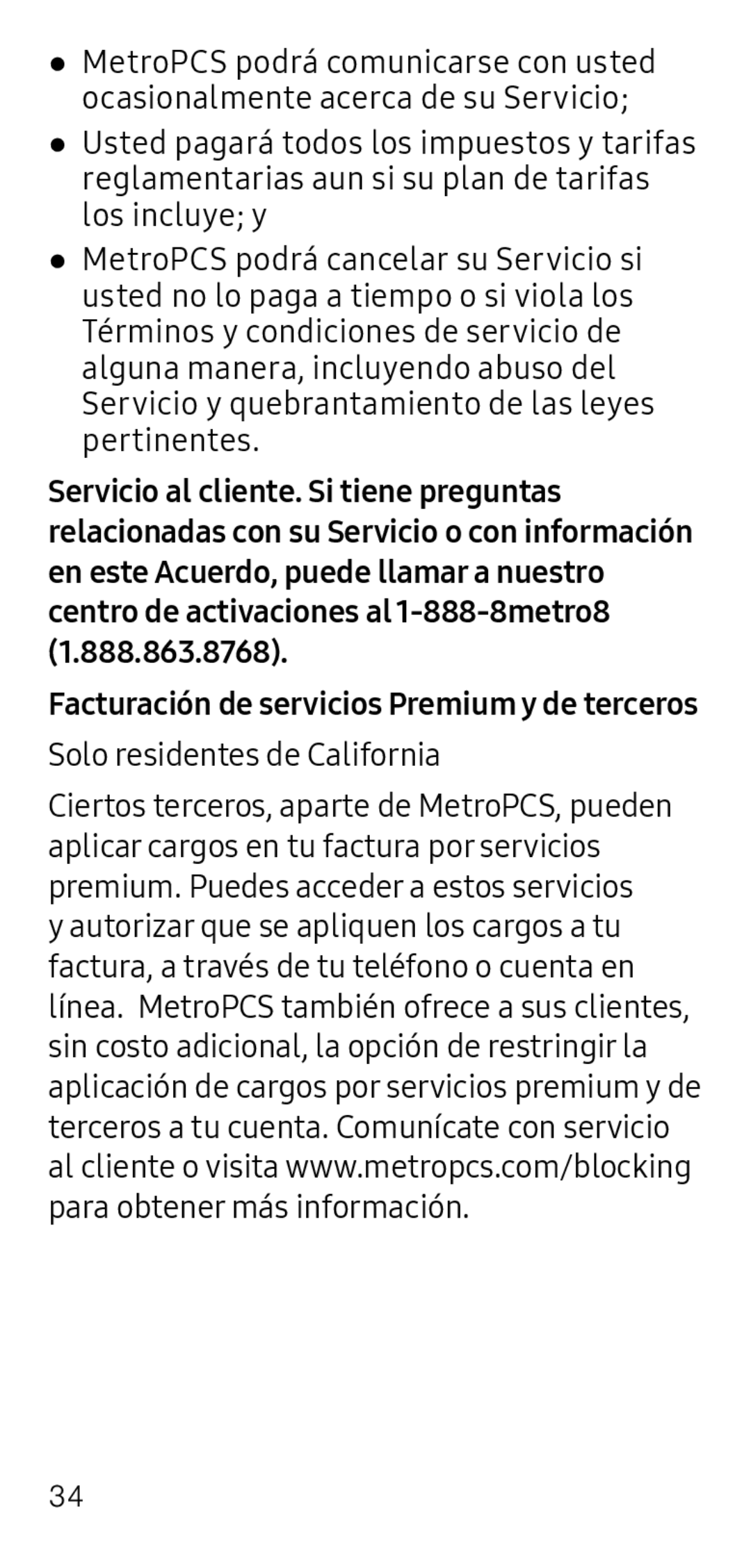 Facturación de servicios Premium y de terceros Galaxy S6 Metro PCS