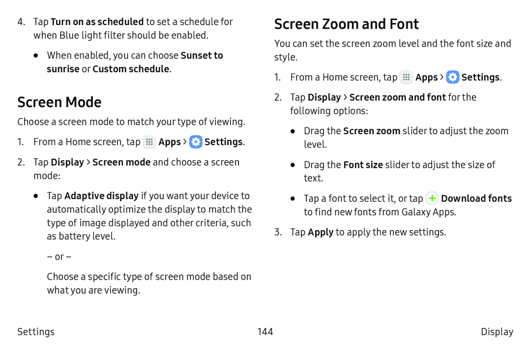 Screen Mode Screen Zoom and Font