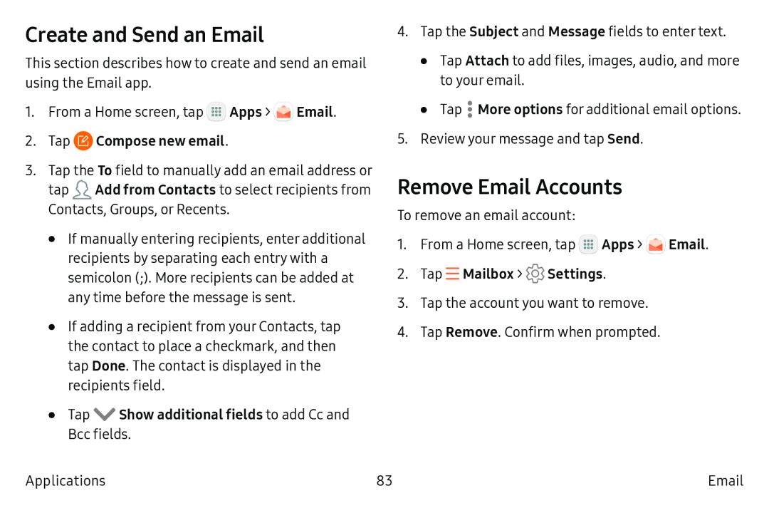 Create and Send an Email Remove Email Accounts