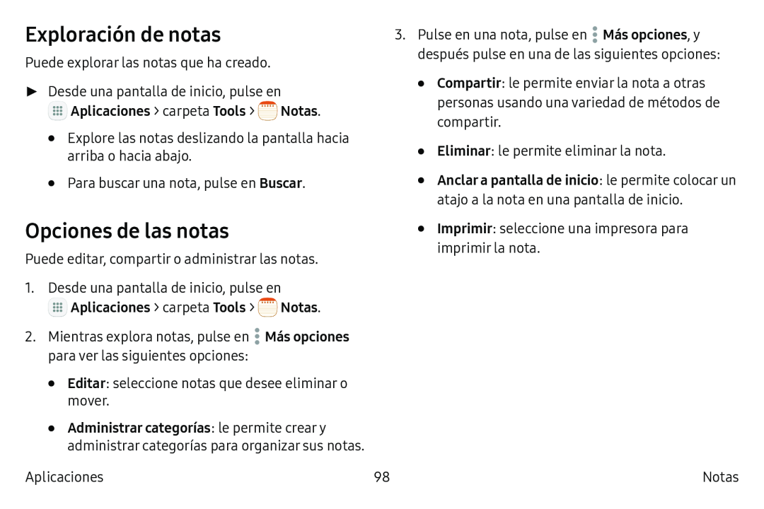 Exploración de notas Opciones de las notas