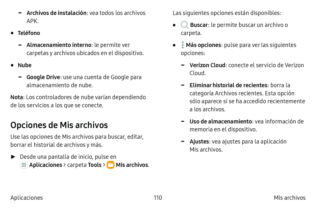 Opciones de Mis archivos