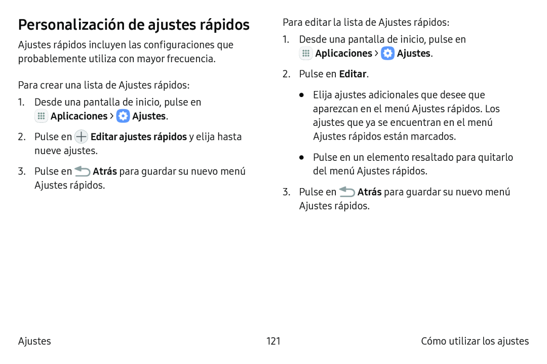 Personalización de ajustes rápidos