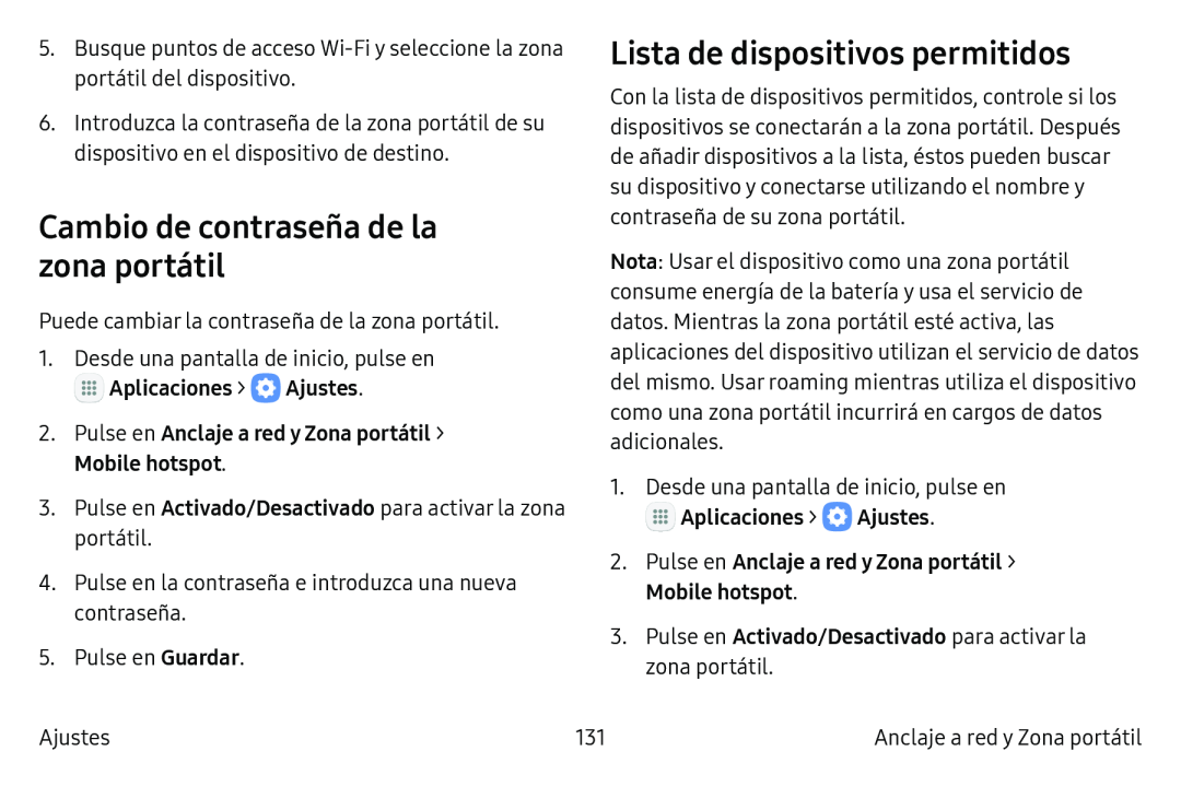 Cambio de contraseña de la zona portátil Lista de dispositivos permitidos