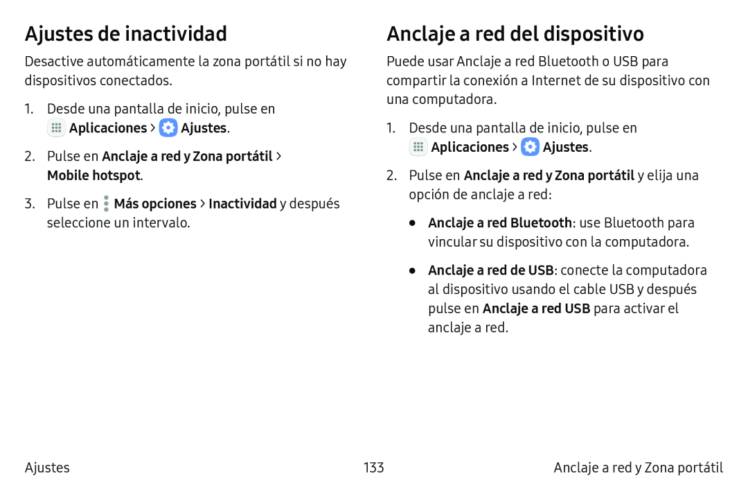 Ajustes de inactividad Anclaje a red del dispositivo