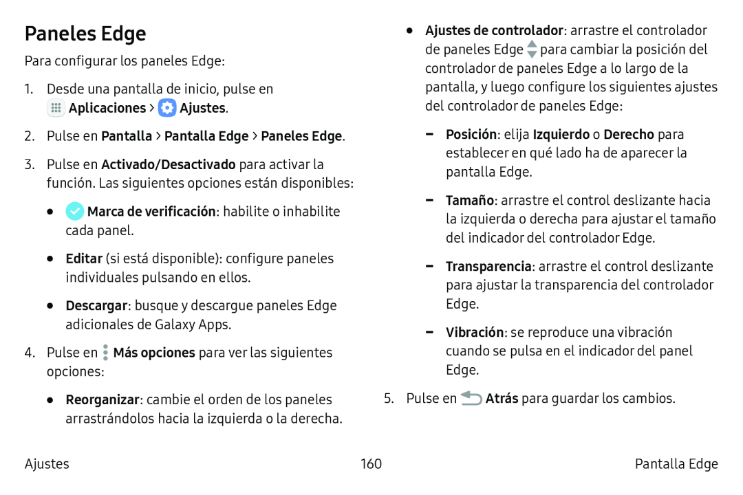 •Marca de verificación: habilite o inhabilite cada panel Galaxy S6 Edge Verizon