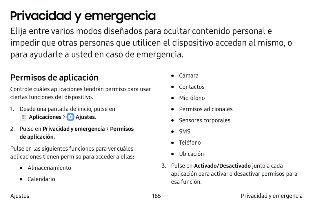 Permisos de aplicación Privacidad y emergencia