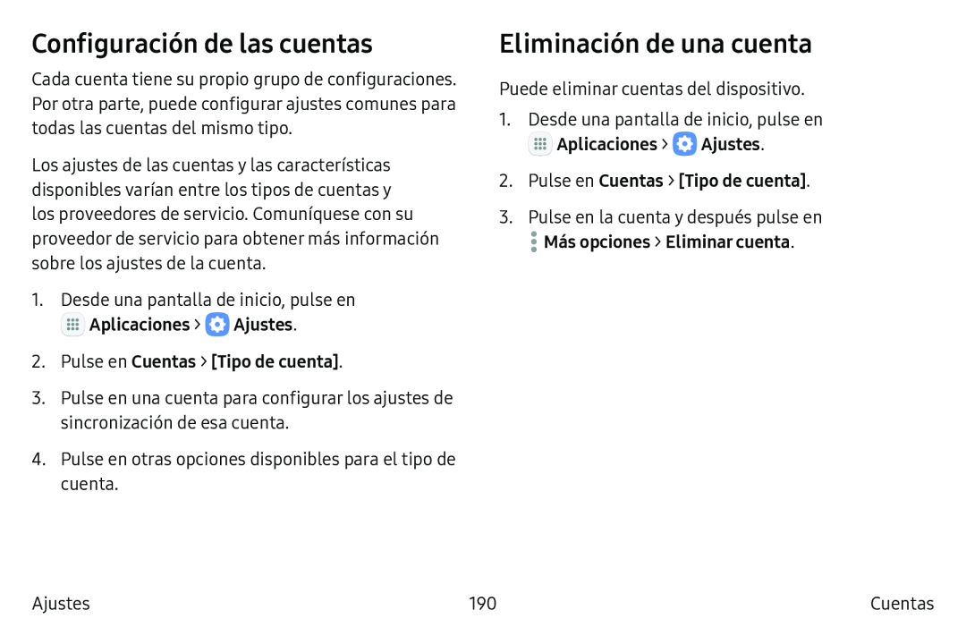 Configuración de las cuentas Eliminación de una cuenta