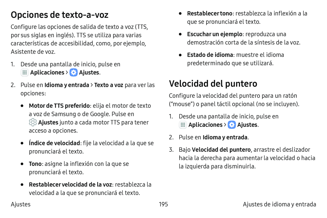 Opciones de texto-a-voz Velocidad del puntero