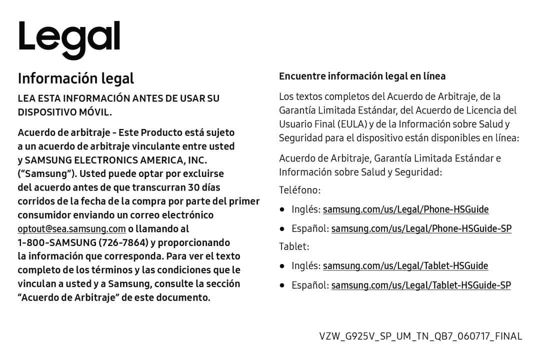 Información legal Galaxy S6 Edge Verizon