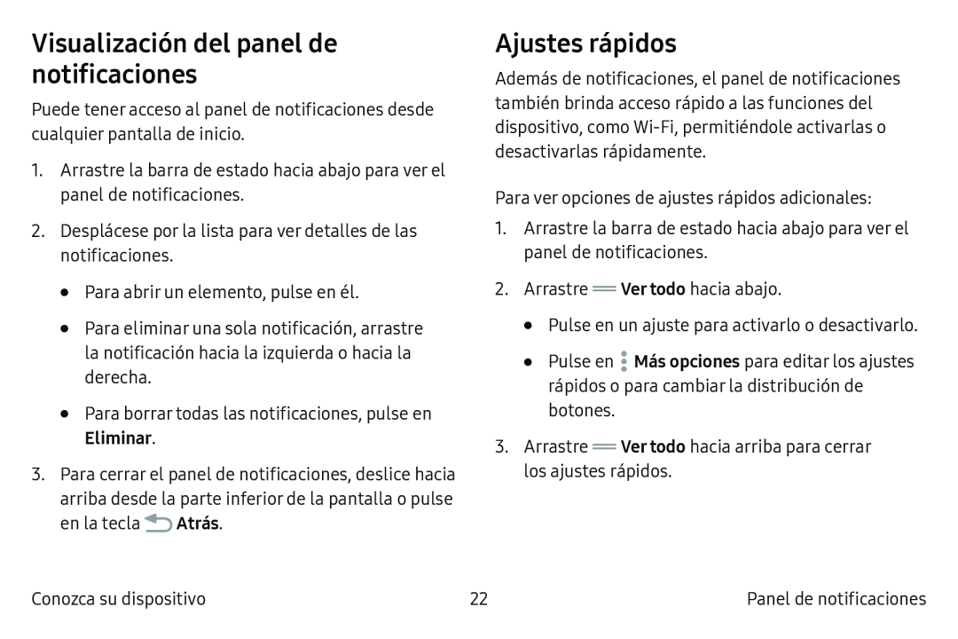 Visualización del panel de notificaciones Ajustes rápidos